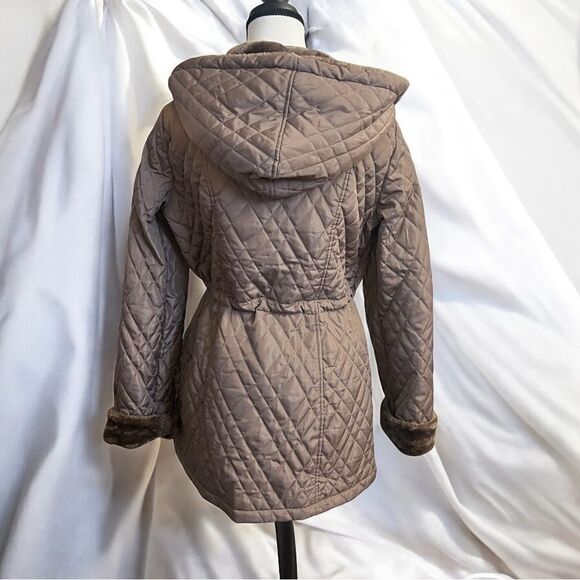Dennis Basso Cinch Waist Quilted Anorak Coat with Faux Fur Trim Size Small - Picture 4 of 12